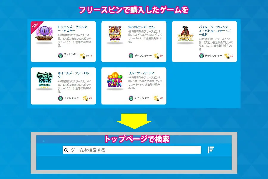 フリースピンの対象ゲームを検索して起動する